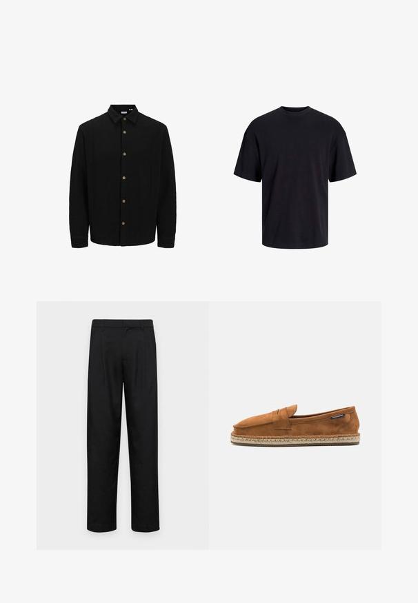 Zwarte button-up shirt van gestructureerde stof. Beschikt over een puntige kraag, lange mouwen en bruine knopen langs de voorkant.; Zwarte katoenen t-shirt met een ronde halslijn, korte mouwen en een relaxte pasvorm. Glad textuur en geen zichtbare patronen of accenten.; Zwarte broeken van gladde stof, met een recht model, twee voorknikken en een standaard tailleband met riemlussen.; Bruine suède instapper met een ronde neus, voorzien van een geweven jute zool en een kleine accentband over de voorkant.