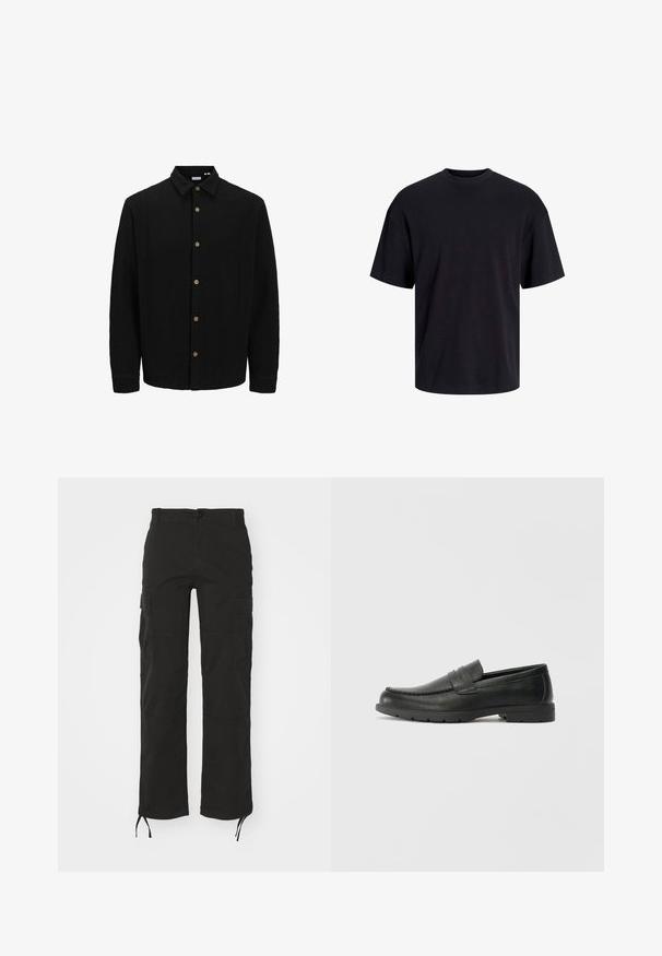 Schwarzes Hemd mit Knopfleiste aus strukturiertem Stoff. Verfügt über einen spitzen Kragen, lange Ärmel und braune Knöpfe entlang der Vorderseite.; Schwarzes Baumwoll-T-Shirt mit Rundhalsausschnitt, kurzen Ärmeln und lässiger Passform. Glatte Oberflächenstruktur und keine sichtbaren Muster oder Akzente.; Schwarze Cargo-Hosen mit geradem Bein, mehreren Seitentaschen und verstellbaren Schnüren am Saum. Aus robustem Stoff mit glatter Textur gefertigt.; Schwarze Lederloafers mit glatter Oberfläche, Mokassin-oberteil, genähten Details und Gummisohle. Klassisches Design mit niedrigem Absatz.