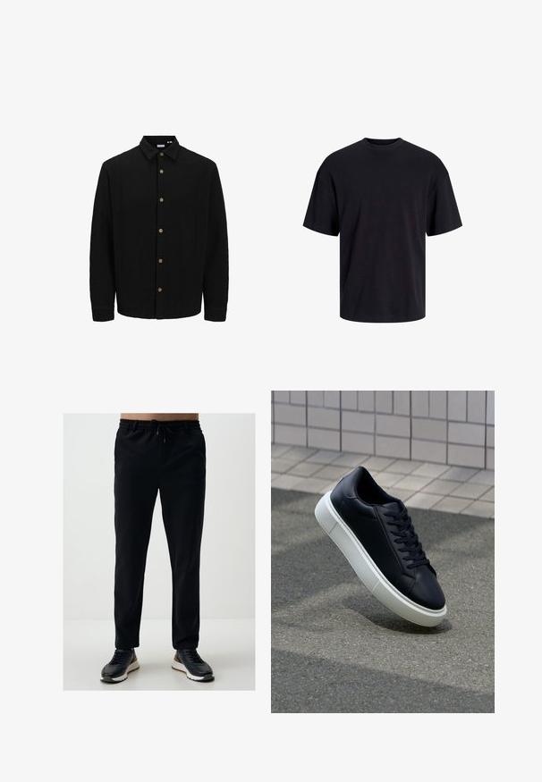 Czarna koszula na guziki, wykonana z fakturowanej tkaniny. Posiada spiczasty kołnierzyk, długie rękawy oraz brązowe guziki z przodu.; Czarna bawełniana koszulka z okrągłym dekoltem, krótkimi rękawami i luźnym krojem. Gładka tekstura, bez widocznych wzorów czy akcentów.; Czarne spodnie sportowe z elastycznym paskiem w talii i regulowanym sznurkiem, charakteryzujące się zwężanym krojem i miękką teksturą, zestawione z ciemnymi trampkami.; Czarne skórzane sneakersy z okrągłym noskiem i białą gumową podeszwą. Posiadają płaskie sznurowadła i minimalne przeszycia na cholewce. Teksturowana podeszwa zapewnia przyczepność.