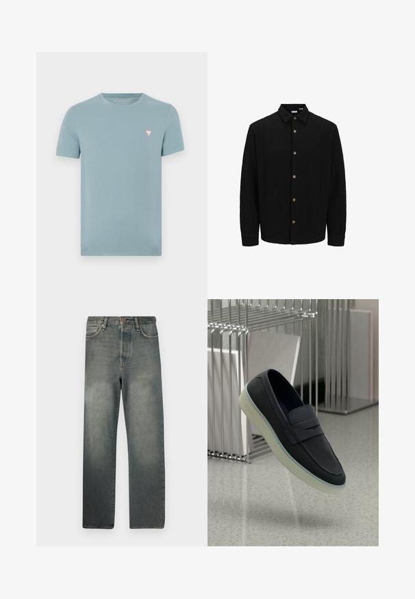 Czarna koszula na guziki, wykonana z fakturowanej tkaniny. Posiada spiczasty kołnierzyk, długie rękawy oraz brązowe guziki z przodu.; Błękitny t-shirt z krótkim rękawem, wykonany z miękkiej bawełny. Posiada małe trójkątne logo w kolorze czerwonym i białym na lewej piersi.; Jack & Jones JJIALEX JJCOOPER czarny denim; Granatowe skórzane buty wsuwane z okrągłym noskiem, z ozdobnym paskiem i przezroczystą gumową podeszwą. Subtelne logo z boku.