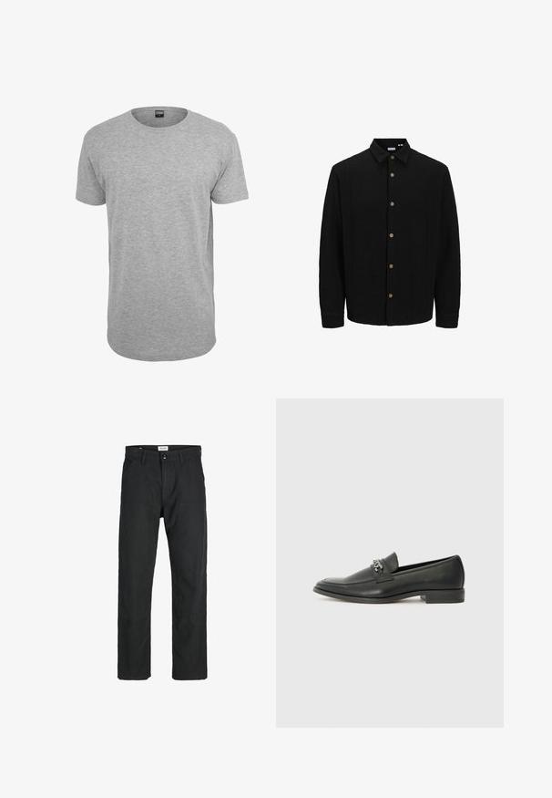 Juodas marškinėliai su priekyje užsegamomis mygtukais, pagaminti iš tekstūruoto audinio. Išskirtinės savybės – smailus apykaklė, ilgomis rankovėmis ir rudi mygtukai. ; Pilkos medvilnės marškinėliai su trumpomis rankovėmis, apvaliu iškirpimu, tiesiu hemu ir minkšta tekstūra; minimalus prekės ženklas matomas kakle.; Juodi kelniai, pagaminti iš tvirto audinio, su tiesiomis kojomis, siuvinėtomis detalėmis ir dviem priekinėmis kišenėmis funkcionalumui.; Juodos odinės loafer tipo bateliai su lygiu paviršiumi, turintys siuvinėtą dizainą ir dekoratyvų metalo grandinėlės akcentą ant batų viršaus. Plokščias kulnas.