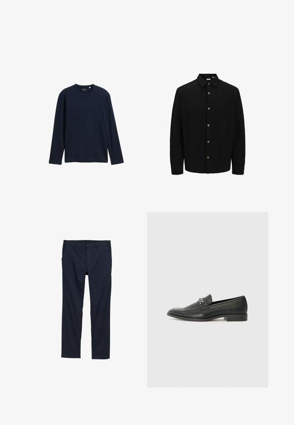 Musta nappipaita, joka on valmistettu tekstuuripinnoitteisesta kankaasta. Siinä on terävä kaulus, pitkät hihat ja ruskeat napit edessä.; Laivansinis pitkähihaine t-paita, joka on valmistettu pehmeästä puuvillasta. Paidan pyöreä kaula-aukko ja rento leikkaus ilman näkyviä kuvioita tai yksityiskohtia.; Navy siniset kevyet housut, joissa on sileä pinta, suorat lahkeet, napillinen suljenta ja sivutaskut.; Musta nahkakengät, joissa on sileä pinta, koristeelliset ompeleet ja metalliketjun yksityiskohta kengän päällä. Littee korko.