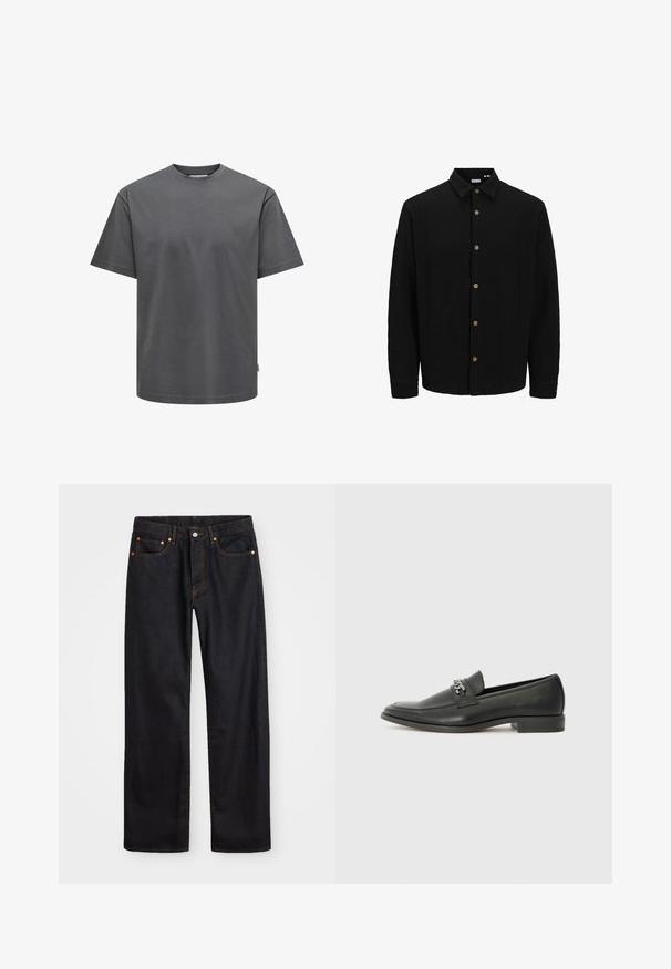 Must musta särk, mis on valmistatud tekstureeritud kangast. Omab teravat kraed, pikki varrukaid ja pruune nööpe esiküljel.; Hallide hallide puuvillane t-särk ümmarguse kaeluse ja lühikeste varrukatega. Omab regulaarset lõiget ja ühtlast tekstuuri, kus ei ole nähtavaid mustreid ega aksessuaare.; Meeste sirge jala mustad denim teksad viie taskuga, oranž õmblus, nupu ja tõmblukuga ees nagu vöökoht.; Must haveate nahkking punased, millel on sile viimistlus, tikitud muster ja dekoratiivne metallkett vampi üle. Tasane konts.