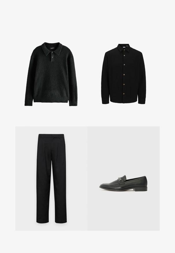 Must musta särk, mis on valmistatud tekstureeritud kangast. Omab teravat kraed, pikki varrukaid ja pruune nööpe esiküljel.; Mustmust, tekstuuriga must poolkampsun, millel on krae, kolme nupuga sulgemine ja pikad varrukad. Valmistatud pehmest, karvast materjalist.; Mustad mustadest riietest, millel on sirge jalgade disain, kaks eesmist voltimist ja tavaline vöökoht, millel on vöökohad.; Must haveate nahkking punased, millel on sile viimistlus, tikitud muster ja dekoratiivne metallkett vampi üle. Tasane konts.