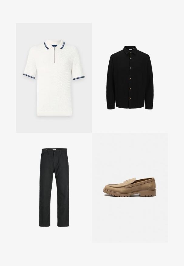 Černá košile na knoflíky vyrobená z texturované látky. Disponuje špičatým límcem, dlouhými rukávy a hnědými knoflíky vpředu.; Bílá polo tričko s krátkým rukávem a strukturovaným vzorem, se zipovým výstřihem a námořnickými pruhovanými akcenty na límci a rukávech.; Černé kalhoty vyrobené z odolné tkaniny, s rovnými nohavicemi, šitými akcenty a dvěma předními kapsami pro praktičnost.; Kavové semišové mokasíny s kulatou špičkou, plochou gumovou podrážkou a dekorativním prošíváním na svršku. Mají design bez tkaniček, který umožňuje snadné obouvání.