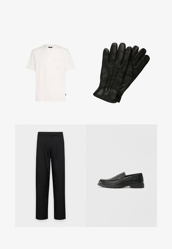 Juodas marškinėliai su priekyje užsegamomis mygtukais, pagaminti iš tekstūruoto audinio. Išskirtinės savybės – smailus apykaklė, ilgomis rankovėmis ir rudi mygtukai. ; Balta trumpa rankovėmis marškinėliai pagaminti iš medvilnės, su priekyje esančia kišenėle ir mažo logotipo detale ant krūtinės. Minkšta tekstūra ir laisvas kirpimas.; Juodi kelnių modeliai, pagaminti iš lygios medžiagos, turi tiesią kojas, du priekiniai klostės ir standartinę juosmenį su diržo kilpomis.; Juodai odiniai loaferiai su sklandžiu paviršiumi, mokasino stiliaus viršus, siuvinėjimu ir guminėmis padangomis. Klasikinis dizainas su žemu kulnu.; Juodos odinės pirštinės su lygiu paviršiumi, penkiomis pirštų dalimis ir subtiliais siuvinėjimo akcentais. Klasikinis dizainas, tinkantis šaltu oru.