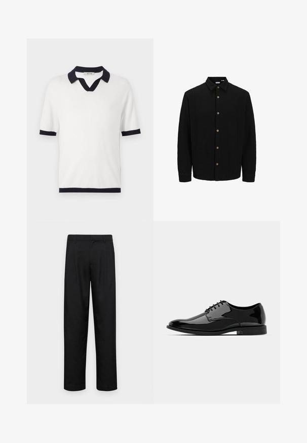 Must musta särk, mis on valmistatud tekstureeritud kangast. Omab teravat kraed, pikki varrukaid ja pruune nööpe esiküljel.; Valge lühikeste varrukatega polo särk tumesinise krae ja mansettidega. Omab V-kaeluse disaini ja pehmet tekstuuri. Brändi silt on nähtav seest.; Mustad mustadest riietest, millel on sirge jalgade disain, kaks eesmist voltimist ja tavaline vöökoht, millel on vöökohad.; Mustan läikiva nahast kleitking, millel on ümar varvas, nööridega disain ja sile, läikiv pind. Omab madalat kummitalda.