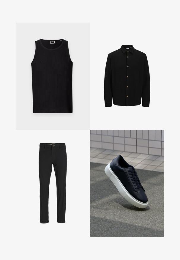 Crna košulja s dugim rukavima napravljena od teksturirane tkanine. Ima oštru kragnu i smeđe gumbe duž prednje strane.; Crni rebrasti top bez rukava s okruglim izrezom, izrađen od meke, teksturirane tkanine. Ima ravni rub i minimalno brendiranje.; Crne hlače od pamuka sa slim fit krojem, s kopčanjem na dugme, džepovima i zavrnutim rukavima za ležeran izgled.; Crne kožne tenisice s zaobljenim vrhom i bijelim gumiranim potplatom. Imaju ravne vezice i minimalno šivanje na gornjem dijelu. Teksturirani potplat za bolje prianjanje.