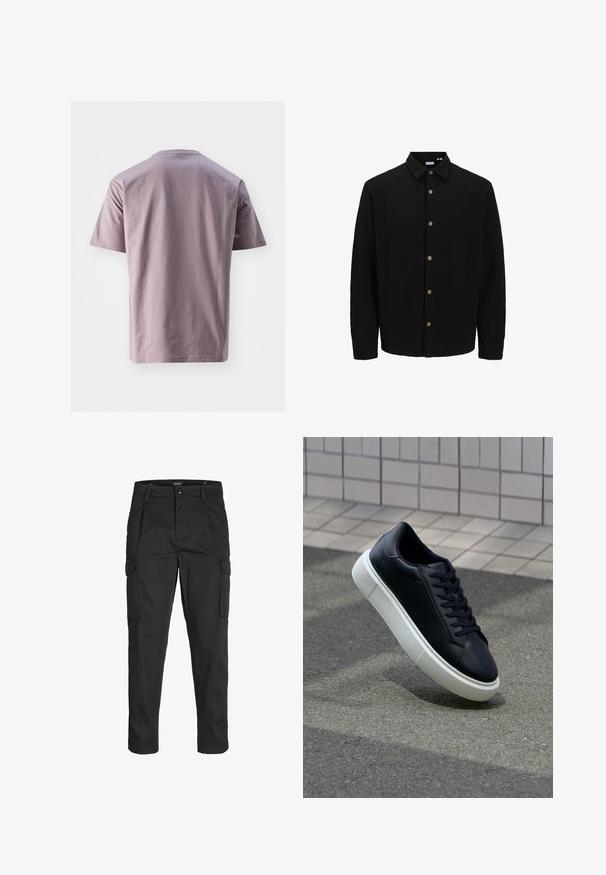 Schwarzes Hemd mit Knopfleiste aus strukturiertem Stoff. Verfügt über einen spitzen Kragen, lange Ärmel und braune Knöpfe entlang der Vorderseite.; Kurzärmliges T-Shirt mit Rundhalsausschnitt aus weichem Lavendelbaumwollstoff mit glatter Textur. Gerader Saum und minimalistisches Design, ohne sichtbare Logos oder Muster.; Schwarze Cargo-Hose aus robustem Material, mit mehreren Taschen, einem Knopfverschluss und einem Slim-Fit-Design mit schmal zulaufenden Beinen.; Schwarze Leder-Sneaker mit runder Zehenpartie und weißer Gummisohle. Verfügt über flache Schnürsenkel und minimale Nähte im Obermaterial. Strukturiertes Sohlenprofil für besseren Halt.