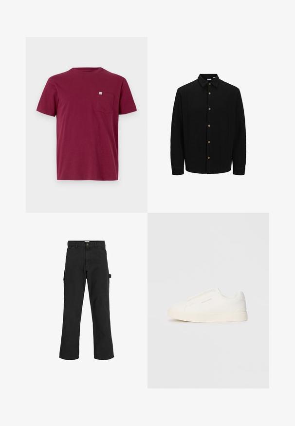 Černá košile na knoflíky vyrobená z texturované látky. Disponuje špičatým límcem, dlouhými rukávy a hnědými knoflíky vpředu.; Bordový bavlněný tričko s kulatým výstřihem, krátkými rukávy a kapsou na levé straně hrudi. Obsahuje malou značkovou nálepku na kapse.; Černé cargo kalhoty z bavlněné směsi. Mají široké nohavice, přední šikmé kapsy a boční kapsu s poutkem na doplňky.; Bílé slip-on tenisky s texturovaným povrchem, silnou podešví a minimalistickým designem. Na boku je umístěno logo značky.