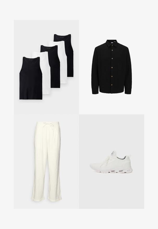 Črna srajca na gumb iz teksturirane tkanine. Ima usnjeni ovratnik, dolge rokave in rjave gumbe po sprednji strani.; Set petih brezrokavnih majic iz bombažne tkanine v črni in beli barvi. Imajo krojaško ovratnik, prilego obliko in enostavno teksturo.; Linen hlače v svetlo bež barvi z elastičnim pasom, nekoliko širokimi hlačnicami in zavitimi manšetami za sproščen kroj. Brez žepov.; Bela atletska obuća z značilnom pletenom gornjom stranom, ravnim vezicama i podlogom s jastučićem koja ima vidljive zračne komore za dodatnu potporu.