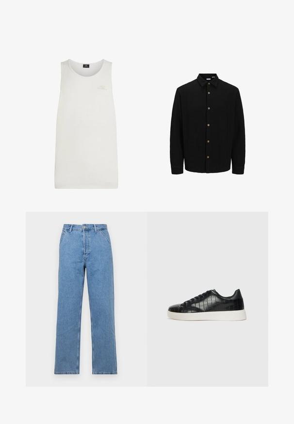 Juodas marškinėliai su priekyje užsegamomis mygtukais, pagaminti iš tekstūruoto audinio. Išskirtinės savybės – smailus apykaklė, ilgomis rankovėmis ir rudi mygtukai. ; Balta marškinėlių tipo palaidinė, pagaminta iš lengvos medžiagos. Yra apvalus kaklo iškirpimas ir mažas, iškilus logotipas krūtinėje. Paprastas, vientisas dizainas.; Šviesiai mėlyni džinsai tiesia kojelė su klasikinio penkių kišenių dizainu, su priekiniu mygtuko užsegimu ir diržo kilpelėmis. Lygus paviršius.; Juodi sportiniai batai su tekstūruotu krokodilo odos pamušalu, apvalia kojų dalimi ir kontrastinga balta guma su lygiu paviršiumi.