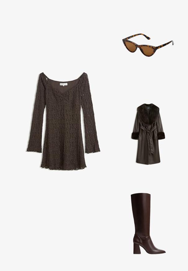 Smeđi kožni kaput s velikim krznom od umjetnog krzna na ovratniku i manžetama, s pojasom u struku i bočnim džepovima. Glatka tekstura i dizajn do koljena.; Smeđa čipkasta haljina s dugim rukavima, dizajn bez naramenica, cvjetni uzorak, naborani detalj na prednjem dijelu i ukrašeni rub.; Smeđe kožne čizme do koljena s šiljastim nosom i ravnim potplatom, s glatkom teksturom i elegantnim dizajnom. Akcentuirano šivanje na gležnju.; Sunglasses u obliku mačjih očiju s okvirom u crno-narančastom kornjačevom uzorku, smešnim lećama i elegatnim, šiljastim vrhovima. Sadrži minimalni logo na dršci.