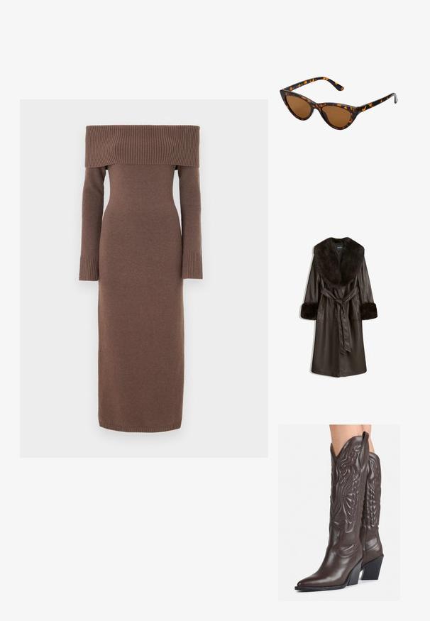Cappotto in pelle marrone con un ampio collo e polsini in pelliccia sintetica, caratterizzato da una vita con cintura e tasche laterali. Texture liscia e design fino al ginocchio.; Abito a maglia marrone off-the-shoulder con maniche lunghe, design aderente e dettagli a coste sul collo e sui polsini. Tessuto liscio.; Stivali da cowboy in pelle marrone con punta affusolata e tacco a blocco, caratterizzati da dettagliati ricami e accenti rialzati sul gambale.; Occhiali da sole cat-eye con una montatura tartarugata nera e arancione, lenti marroni e punte affusolate e eleganti. Presentano un logo minimale sulla asta.