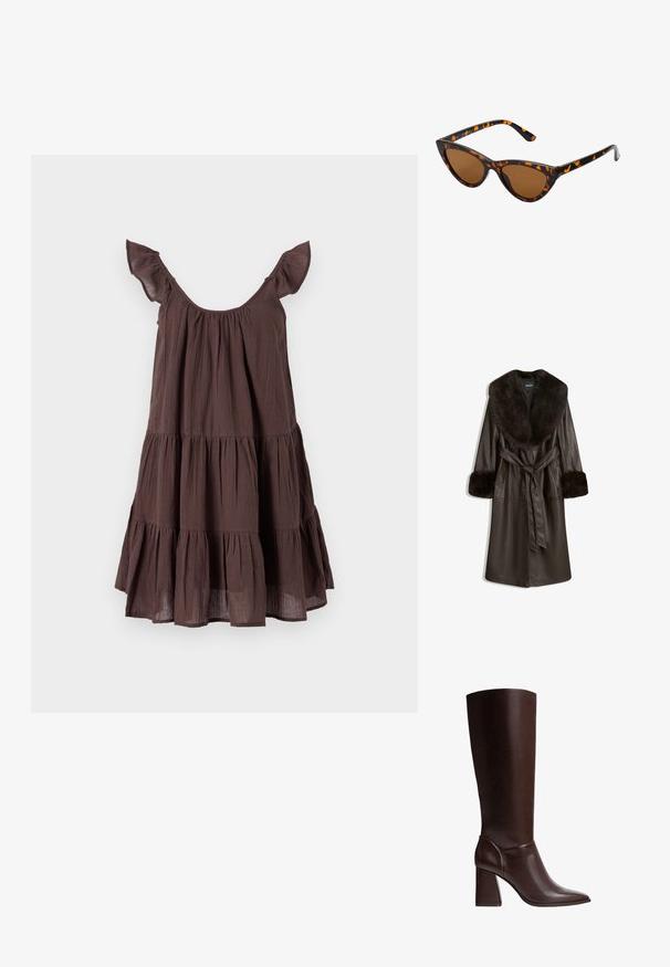 Smeđi kožni kaput s velikim krznom od umjetnog krzna na ovratniku i manžetama, s pojasom u struku i bočnim džepovima. Glatka tekstura i dizajn do koljena.; Smeđa haljina s naborima od lagane tkanine, s izrezom u obliku kruške, nabranim naramenicama i opuštenim krojem.; Smeđe kožne čizme do koljena s šiljastim nosom i ravnim potplatom, s glatkom teksturom i elegantnim dizajnom. Akcentuirano šivanje na gležnju.; Sunglasses u obliku mačjih očiju s okvirom u crno-narančastom kornjačevom uzorku, smešnim lećama i elegatnim, šiljastim vrhovima. Sadrži minimalni logo na dršci.