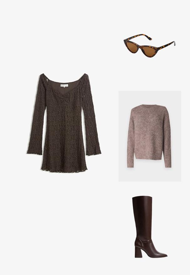 Brun läderjacka med en stor krage och manschetter i konstpäls, med en bälte i midjan och sidofickor. Slät textur och knälång design.; Brun, ribbad stickad tröja med långa ärmar och rund halsringning. Lätt överdimensionerad passform och mjuk textur, lämplig för avslappnad klädsel.; Brun spetsklänning med långa ärmar, off-shoulder design, blommönster, samlad frontdetalj och scalloped nederkant.; Brun läderknähöga stövel med spetstå och blockklack, som har en slät yta och en elegant design. Försedd med accenterad sömnad vid ankeln.; Kattögon-solglasögon med en ram i svart och orange sköldpaddsmönster, bruna linser och smala, spetsiga tips. Har en minimalistisk logotyp på bågen.