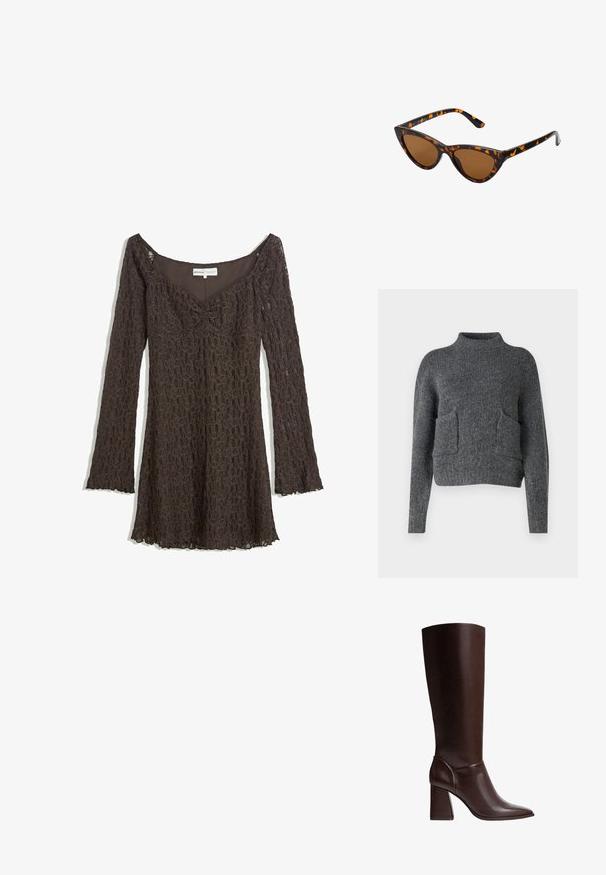 Brown leather coat with a large faux fur collar and cuffs, featuring a belted waist and side pockets. Smooth texture and knee-length design.; Gray, cropped sweater made from textured fabric. Features a high neckline and two front pockets with a relaxed fit. Long sleeves.; Brown lace dress with long sleeves, off-shoulder design, floral pattern, gathered front detail, and scalloped hem.; Brown leather knee-high boot with a pointed toe and.block heel, featuring a smooth texture and sleek design. Accented stitching at the ankle.; Cat-eye sunglasses with a black and orange tortoiseshell frame, brown lenses, and sleek, pointed tips. Features a minimal logo on the temple.