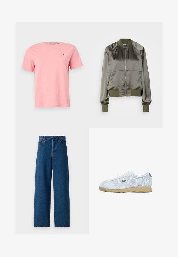 Giacca bomber verde oliva in materiale satinato, con cerniera frontale, polsini e orlo a coste, e logo ricamato sul petto.; T-shirt di cotone rosa con scollatura rotonda, maniche corte e un piccolo logo ricamato sul lato sinistro del petto. Texture liscia, vestibilità casual.; Jeans in denim a gamba larga di colore blu scuro. Design a vita alta con passanti per cintura e tasche frontali. Tessuto liscio e stile classico a cinque tasche.; Sneakers in rete blu chiaro con suola in gomma beige, lacci bianchi e dettagli del logo verde. Presentano una punta rotonda e pannelli laterali testurizzati.