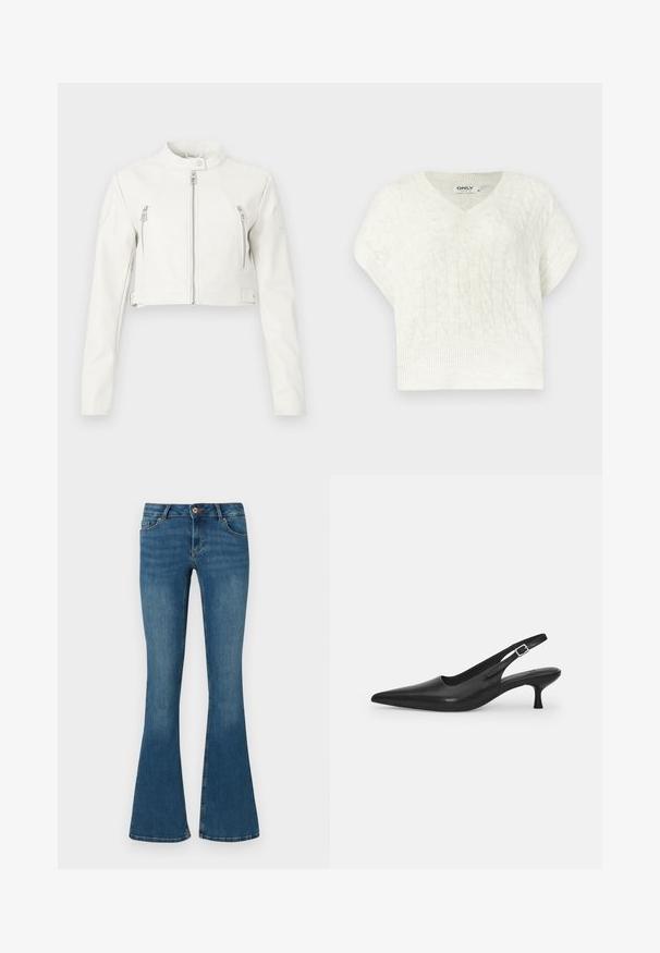 White cropped jacket made of smooth leather. Features a stand collar, front zippers, and two chest pockets with a sleek design.; White cable-knit sweater with a V-neck, short sleeves, ribbed hem, and textured pattern. Made from soft, knitted material.; Denim flared jeans in medium blue with a smooth texture, featuring two front pockets, a button closure, and a slight fade effect.; Black leather slingback shoe with a pointed toe and a slim, curved heel. Features a discrete adjustable strap with a metal buckle.