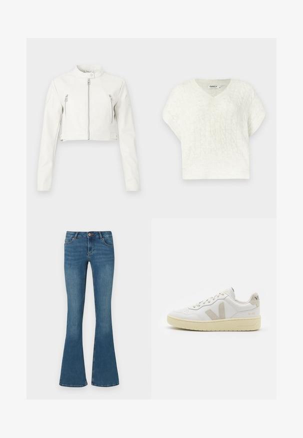 Bílá zkrácená bunda vyrobená z hladké kůže. Má stojáček, přední zipy a dvě náprsní kapsy s elegantním designem.; Bílý svetr s kabelovým pletením, V-výstřihem, krátkými rukávy, žebrovaným lemem a texturovaným vzorem. Vyrobeno z měkkého pleteného materiálu.; Rozšířené modré džíny z denimu, s vysokým pasem, předními kapsami a zipem. Hladká textura s jemným vyblednutím a kontrastními švy.; Bílé kožené tenisky s béžovými semišovými akcenty, perforovanou špičkou, plochými tkaničkami a strukturovanou krémovou podešví. Obsahují jemné logo na patě.