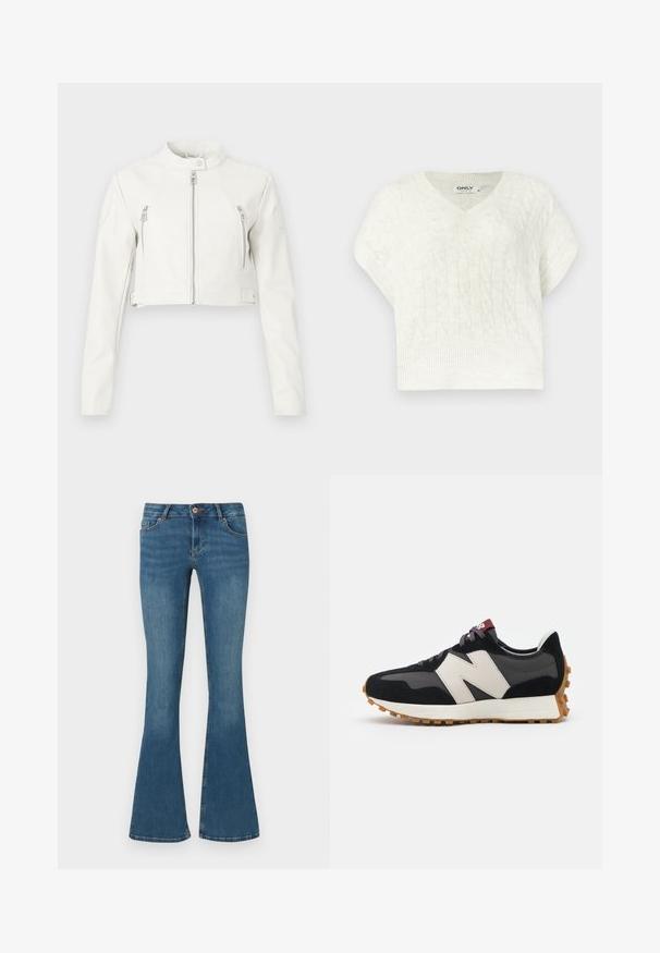 Jaqueta branca curta feita de couro liso. Apresenta um colarinho de pé, zíperes frontais e dois bolsos no peito com um design elegante.; Suéter branco de malha trançada com decote em V, mangas curtas, bainha canelada e padrão texturizado. Feito de material macio e tricotado.; Jeans de ganga azuis, de corte largo, com cintura média, bolsos frontais e fecho de correr. Textura suave com desbotamento subtil e detalhes de costura em contraste.; Sneaker em camurça preta e cinza com um grande logótipo "N" creme, cordões roxos e uma sola de borracha texturizada em cor de goma.