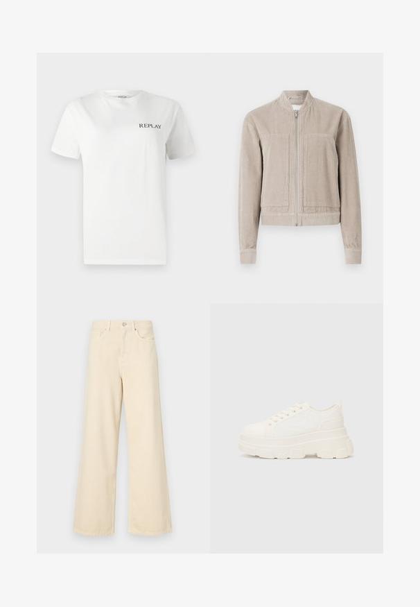 Beige kordbársony bomberdzseki cipzárral, két elülső zsebbel, bordás mandzsettával és álló gallérral. Texturált anyag függőleges csíkokkal.; Fehér pamut póló rövid ujjakkal, kerek nyakkal, bal mellrészen egy kis fekete "REPLAY" logóval. Simító felület.; Bézs, széles lábú farmernadrág, pamutból készült. Gombos záródással, övhurkokkal és elülső zsebekkel rendelkezik, sima, puha tapintással.; Fehér vászon sportcipő vastag talppal, lekerekített orral és öt fűzőlyukkal. Hátulján egy fül a könnyű felvétel érdekében. Simára kidolgozott textúra, minimális dizájn.
