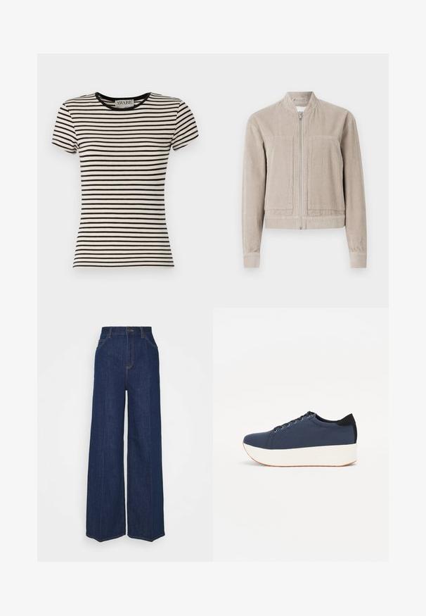 Beige corduroy bomber jacket with a zip closure, two front pockets, ribbed cuffs, and a stand-up collar. Textured fabric with vertical stripes.; Black and cream striped short-sleeve t-shirt with a crew neck, made of soft fabric. Straight cut with a neat finish. AWARE branding visible.; High-waist wide-leg dark blue denim jeans with front and back pockets, button closure, and visible stitching details.; Navy blue sneaker with a textured fabric upper, white platform sole, rounded toe, and black heel accent. Features six eyelets for laces.