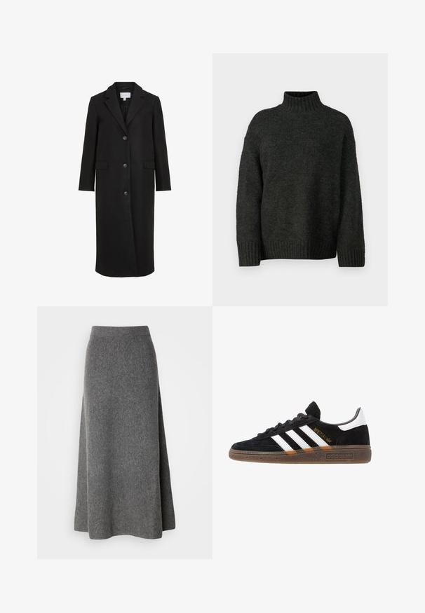 Mustast villaseest mantlit, millel on kohandatud disain, krae ja pikkade varrukatega, kolm esist mutrit ja küljetaskud. Sile tekstuur.; Vero Moda Tall VMMADDIE HIGHNECK PULL - Džemper - dark grey melange; Lindex SKIRT INA - Maksiseelik - dark grey melange; Mustad must Adidas'i sneaker valgete triipudega, kuldse "Spezial" tekstiga, kummi tallaga ja valge kontsaga, kujutatud külgvaates.