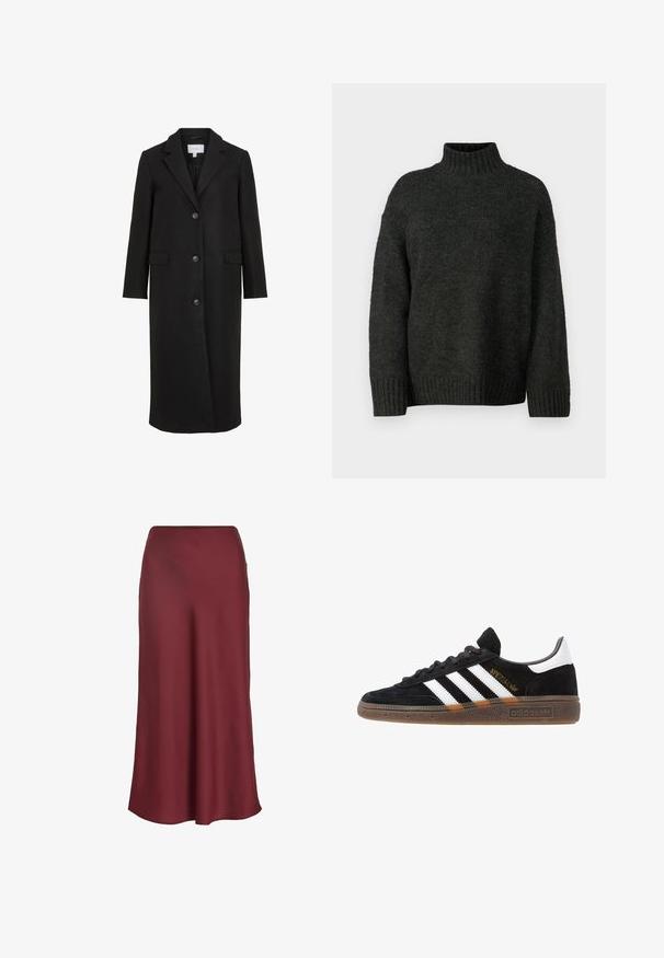 Cappotto di lana nera con un design su misura, dotato di colletto a punte, maniche lunghe, tre bottoni frontali e tasche laterali. Texture liscia.; Vero Moda Tall VMMADDIE HIGHNECK PULL - Maglione - dark grey melange; Gonna maxi in satin bordeaux con una texture liscia e un semplice design a trapezio, caratterizzata da una vita dritta e senza decorazioni visibili.; Sneaker Adidas nere con strisce bianche, testo "Spezial" dorato, suola in gomma e tab sul tallone bianco, mostrato in veduta laterale.
