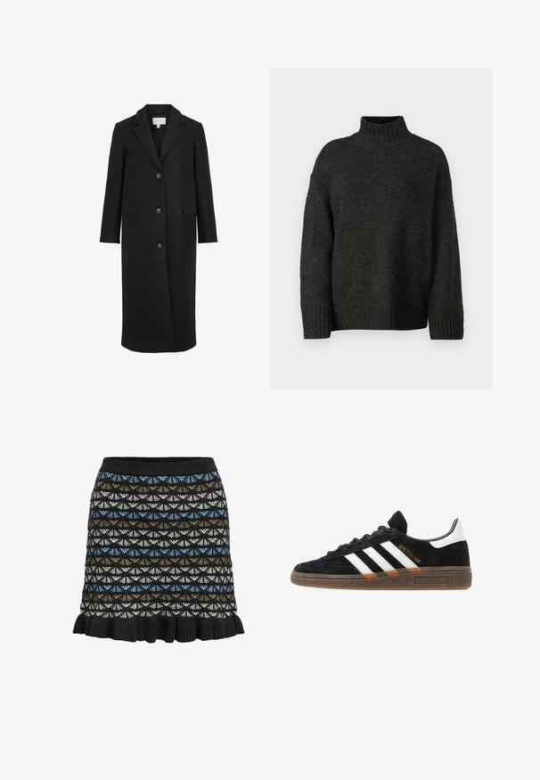 Schwarzer Wollmantel mit maßgeschneidertem Design, ausgestattet mit einem Reverskragen, langen Ärmeln, drei vorderen Knöpfen und Seitentaschen. Glatte Textur.; Vero Moda Tall VMMADDIE HIGHNECK PULL - Strickpullover - dark grey melange; Strickrock mit geometrischem Muster in Schwarz, Blau, Braun und Weiß, mit gewelltem Saum und elastischem Bund.; Schwarzer Adidas Sneaker mit weißen Streifen, goldenem "Spezial"-Text, Gummisohle und weißem Fersenbereich, seitliche Ansicht.