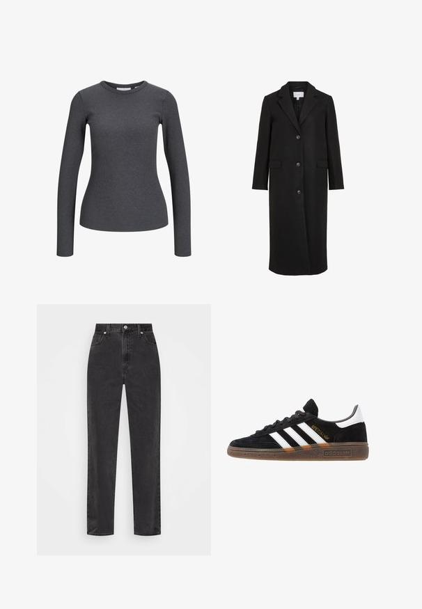 Musta villa takki räätälöidyllä muotoilulla, jossa on viistetty kaulus, pitkät hihat, kolme etunapillista ja sivutaskut. Siro rakenne.; Vero Moda Tall VMMADDIE HIGHNECK PULL - Neule - dark grey melange; Pitkähiha, ribattupintainen paita tummanharmaana. Oma pyöreä kaula-aukko ja tiukka siluetti. Valmistettu joustavasta kankaasta mukavuutta varten.; Suorat mustat farkut korkealla vyötäröllä, edessä nappi ja vetoketju sekä viisi taskua valkoisella taustalla.; Mustat Adidas-nikeset, joissa on valkoiset raidat, kultaiset "Spezial"-tekstiset, kumipohja ja valkoinen kantapää, esitetty sivuprofiilissa.