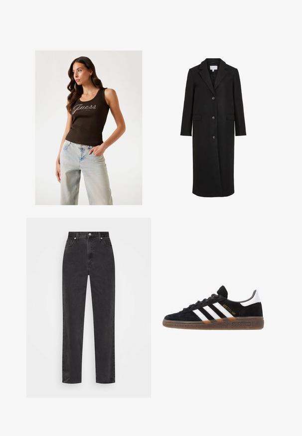 Schwarzer Wollmantel mit maßgeschneidertem Design, ausgestattet mit einem Reverskragen, langen Ärmeln, drei vorderen Knöpfen und Seitentaschen. Glatte Textur.; Vero Moda Tall VMMADDIE HIGHNECK PULL - Strickpullover - dark grey melange; Braunes, geripptes Tanktop mit "Guess"-Logo in silbernen Verzierungen, kombiniert mit hellblauen, weit geschnittenen Jeans.; Schwarze Denim-Jeans mit geradem Bein, hoher Taille, vorderem Knopf und Reißverschluss sowie fünf Taschen auf weißem Hintergrund.; Schwarzer Adidas Sneaker mit weißen Streifen, goldenem "Spezial"-Text, Gummisohle und weißem Fersenbereich, seitliche Ansicht.