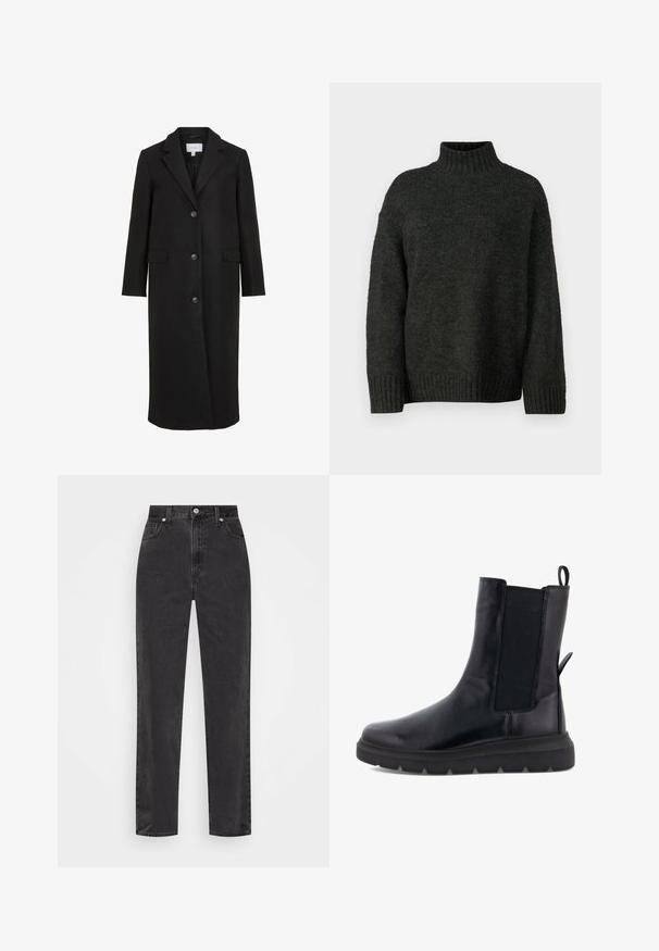 Casaco de lã preto com um design ajustado, apresentando um colarinho engenhisado, mangas longas, três botões frontais e bolsos laterais. Textura suave.; Vero Moda Tall VMMADDIE HIGHNECK PULL - Camisola - dark grey melange; Jeans de ganga preta com pernas retas, cintura alta, com botão e fecho de correr à frente, e estilo de cinco bolsos, num fundo branco.; Bota de tornozelo preta feita de couro liso, com painéis laterais elásticos, uma alça na parte de trás e uma sola de borracha espessa.