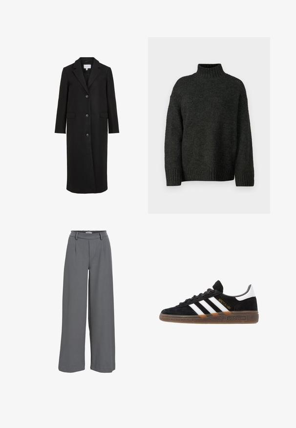 Schwarzer Wollmantel mit maßgeschneidertem Design, ausgestattet mit einem Reverskragen, langen Ärmeln, drei vorderen Knöpfen und Seitentaschen. Glatte Textur.; Vero Moda Tall VMMADDIE HIGHNECK PULL - Strickpullover - dark grey melange; Helle graue weit geschnittene Hose aus einem weichen Stoff, mit einem smockierten Taillenbund, vorderen Falten und einer glatten, angenehmen Textur.; Schwarzer Adidas Sneaker mit weißen Streifen, goldenem "Spezial"-Text, Gummisohle und weißem Fersenbereich, seitliche Ansicht.