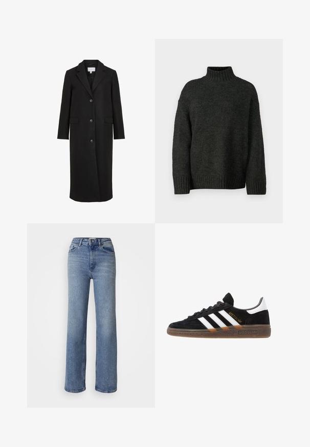 Černý vlněný kabát s upraveným střihem, který má klopový límec, dlouhé rukávy, tři přední knoflíky a boční kapsy. Hladká textura.; Vero Moda Tall VMMADDIE HIGHNECK PULL - Svetr - dark grey melange; Světle modré široké džíny vyrobené z denimové tkaniny, zdobené rozptýlenými bílými dekoracemi, s vysokým pasem a standardním pěti-kapsovým designem.; Černé tenisky Adidas se bílými pruhy, zlatým textem "Spezial", gumovou podešví a bílou patní částí, zobrazené v bočním pohledu.