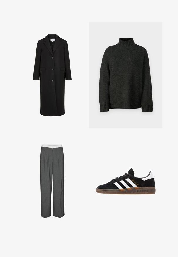 Cappotto di lana nera con un design su misura, dotato di colletto a punte, maniche lunghe, tre bottoni frontali e tasche laterali. Texture liscia.; Vero Moda Tall VMMADDIE HIGHNECK PULL - Maglione - dark grey melange; Vero Moda VMMADJA MITTLERE TAILLE - Pantaloni - dark grey melange; Sneaker Adidas nere con strisce bianche, testo "Spezial" dorato, suola in gomma e tab sul tallone bianco, mostrato in veduta laterale.