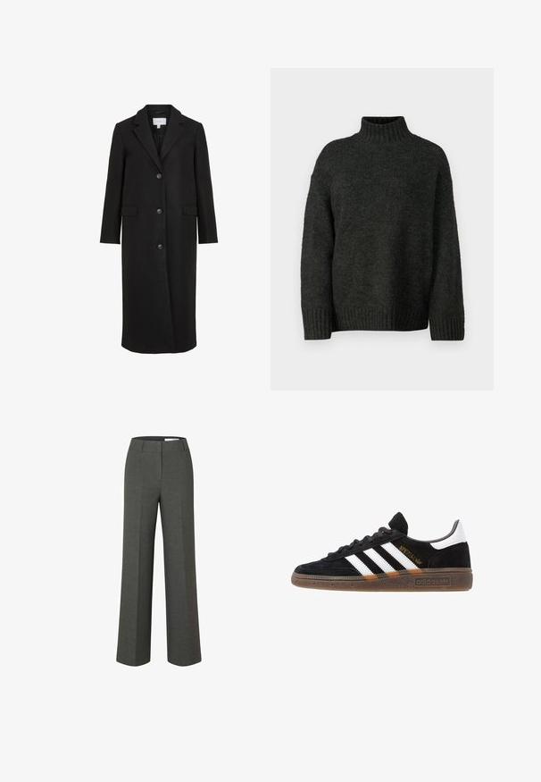 Manteau en laine noire au design ajusté, avec un col cranté, des manches longues, trois boutons sur le devant et des poches latérales. Texture lisse.; Vero Moda Tall VMMADDIE HIGHNECK PULL - Pullover - dark grey melange; Pantalons larges en tissu gris moyen, avec un devant plat, une coupe droite et des lignes épurées. Pas de poches visibles ni de détails en matériel.; Baskets Adidas noires avec rayures blanches, inscription dorée "Spezial", semelle en gomme et languette blanche au talon, présentées en vue de profil.