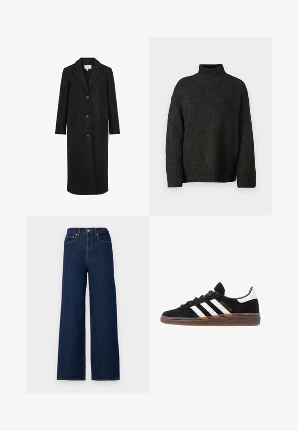 Mustast villaseest mantlit, millel on kohandatud disain, krae ja pikkade varrukatega, kolm esist mutrit ja küljetaskud. Sile tekstuur.; Vero Moda Tall VMMADDIE HIGHNECK PULL - Džemper - dark grey melange; Tumedast denimist laiad püksid, mis on kõrge taljega, klassikalise viie taskuga disainiga ja kontrastsete nöörikutega õmbluste ääres.; Mustad must Adidas'i sneaker valgete triipudega, kuldse "Spezial" tekstiga, kummi tallaga ja valge kontsaga, kujutatud külgvaates.