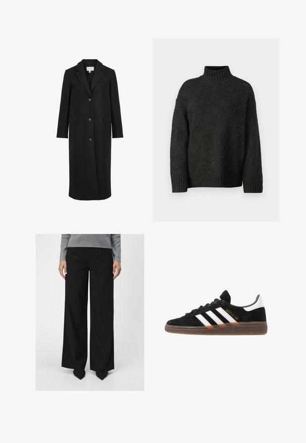 Cappotto di lana nera con un design su misura, dotato di colletto a punte, maniche lunghe, tre bottoni frontali e tasche laterali. Texture liscia.; Vero Moda Tall VMMADDIE HIGHNECK PULL - Maglione - dark grey melange; Object OBJLISA WIDE - Pantaloni - black; Sneaker Adidas nere con strisce bianche, testo "Spezial" dorato, suola in gomma e tab sul tallone bianco, mostrato in veduta laterale.