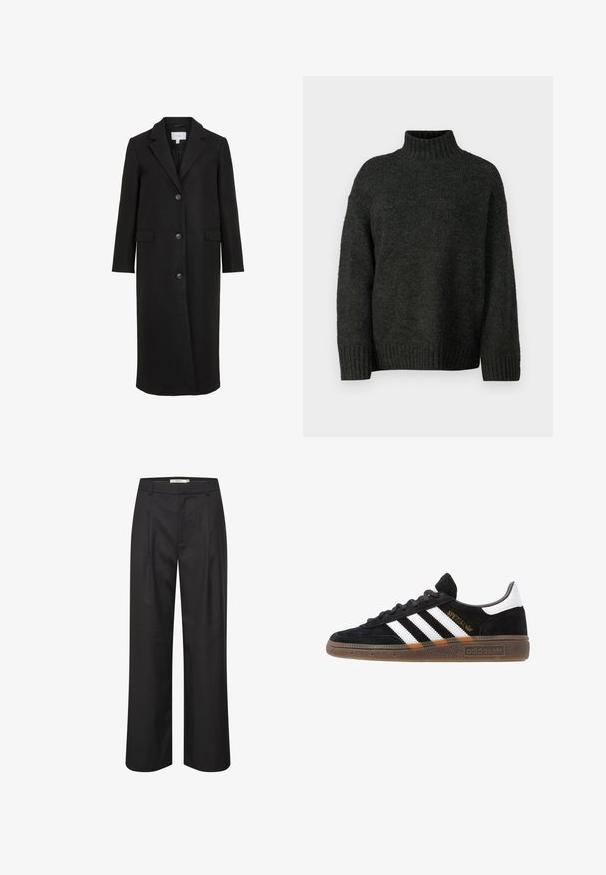 Melna vilnas mētela ar pielāgotu dizainu, kuram ir izgriezts apkakle, garas piedurknes, trīs priekšējie pogas un sānu kabatas. Gluda tekstūra.; Vero Moda Tall VMMADDIE HIGHNECK PULL - Džemperis - dark grey melange; Melni plaša kāju bikses ar gludu tekstūru, krokām priekšpusē, jostas cilpām un piegriezuma dizainu. Materiāls nodrošina izsmalcinātu izskatu.; Melnas Adidas sporta kurpes ar baltām svītrām, zelta "Spezial" uzrakstu, gumijas zoli un baltu papēža daļu, attēlotas profila skatījumā.