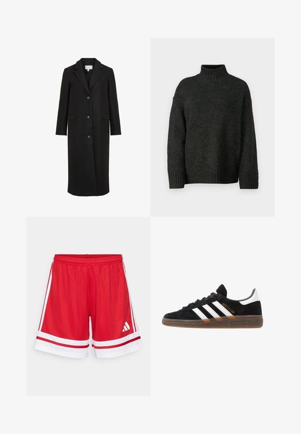 Musta villa takki räätälöidyllä muotoilulla, jossa on viistetty kaulus, pitkät hihat, kolme etunapillista ja sivutaskut. Siro rakenne.; Vero Moda Tall VMMADDIE HIGHNECK PULL - Neule - dark grey melange; Punaiset urheilushortsit, joissa on joustava vyötärö, valkoiset sivuraitat ja valkeat yksityiskohdat helmassa. Sisältää Adidaksen logon valkoisena.; Mustat Adidas-nikeset, joissa on valkoiset raidat, kultaiset "Spezial"-tekstiset, kumipohja ja valkoinen kantapää, esitetty sivuprofiilissa.