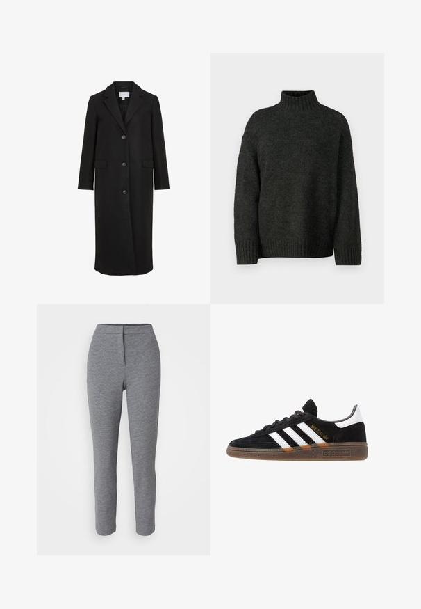 Čierny vlnený kabát s prispôsobeným dizajnom, ktorý má výstrih s klopami, dlhé rukávy, tri predné gombíky a bočné vrecká. Hladká textura.; Vero Moda Tall VMMADDIE HIGHNECK PULL - Svetrík - dark grey melange; Hnedé pletené legíny s priliehavým strihom, vysokým pásom a hladkou textúrou. Obsahujú jemný vzor a žiadne viditeľné kovové prvky.; Čierne tenisky Adidas so bielymi pruhmi, zlatým textom "Spezial", gumenou podrážkou a bielym zadným pútkom, zobrazené z bočného pohľadu.