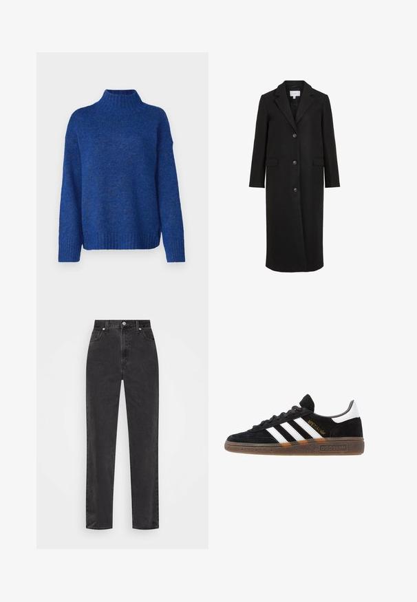 Črn volnen plašč s prilagojeno zasnovo, ki ima zarezan ovratnik, dolge rokave, tri sprednje gumbe in stranske žepke. Gladka tekstura.; Vero Moda VMMADDIE HIGHNECK PULLOVER  - Pulover - surf the web; Črne denim hlače s ravnimi nogami in visokim pasom, sprednjim gumbom in zadrgo ter petimi žepi na belem ozadju.; Črne Adidas superge z belimi črtami, zlatim napisom "Spezial", gumo podplatom in belim petnim delom, prikazane v stranskem pogledu.