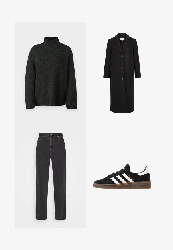 Melna vilnas mētela ar pielāgotu dizainu, kuram ir izgriezts apkakle, garas piedurknes, trīs priekšējie pogas un sānu kabatas. Gluda tekstūra.; Vero Moda Tall VMMADDIE HIGHNECK PULL - Džemperis - dark grey melange; Melnas džinsus ar taisnu kāju un augsto jostu, ar priekšējo pogu un rāvējslēdzēju, kā arī piecu kabatu dizainu uz balta fona.; Melnas Adidas sporta kurpes ar baltām svītrām, zelta "Spezial" uzrakstu, gumijas zoli un baltu papēža daļu, attēlotas profila skatījumā.