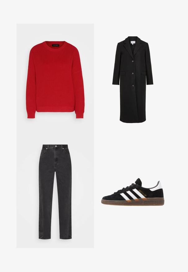 Cappotto di lana nera con un design su misura, dotato di colletto a punte, maniche lunghe, tre bottoni frontali e tasche laterali. Texture liscia.; Maglione rosso a maglia con scollo rotondo, texture a costine e maniche leggermente sovradimensionate. Presenta un orlo dritto e un tessuto resistente.; Jeans in denim nero a gamba dritta con vita alta, bottone e cerniera frontali, e cinque tasche su uno sfondo bianco.; Sneaker Adidas nere con strisce bianche, testo "Spezial" dorato, suola in gomma e tab sul tallone bianco, mostrato in veduta laterale.