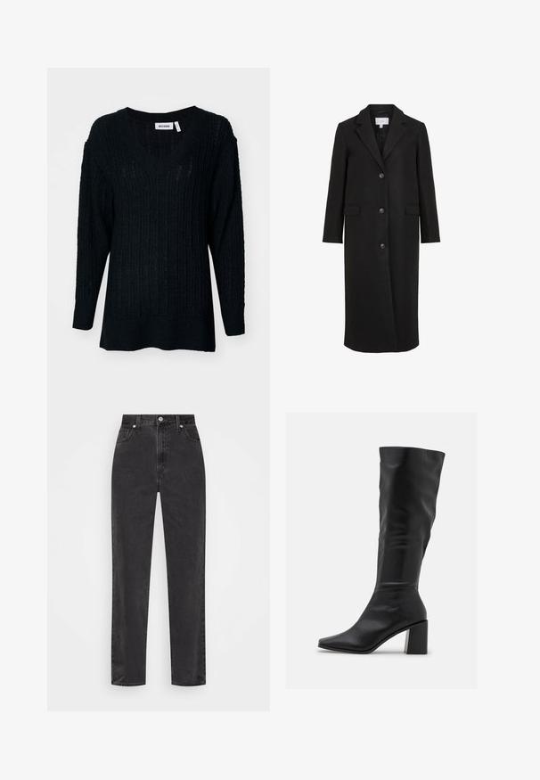 Schwarzer Wollmantel mit maßgeschneidertem Design, ausgestattet mit einem Reverskragen, langen Ärmeln, drei vorderen Knöpfen und Seitentaschen. Glatte Textur.; Schwarzer Strickpullover mit V-Ausschnitt, gerippter Textur und langen Ärmeln. Lockere Passform mit einem etwas längeren Rücken. Markenlabel sichtbar.; Schwarze Denim-Jeans mit geradem Bein, hoher Taille, vorderem Knopf und Reißverschluss sowie fünf Taschen auf weißem Hintergrund.; RAID BLICK - Stiefel - black