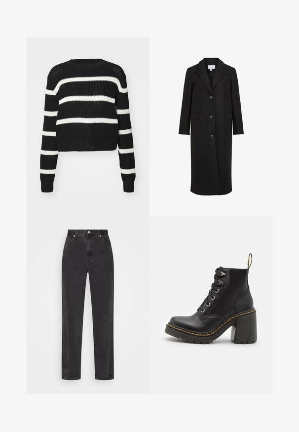 Svart ullfrakk med skreddersydd design, med slagkrage, lange ermer, tre frontknapper og sidelommer. Glatt tekstur.; Svart cropped genser med hvite horisontale striper, strikket tekstur, rund hals og ribbestrikkede ermer og nederkant.; Sorte denim jeans med høy midje, rett ben, frontknapp og glidelås, og fem-lomme stil på en hvit bakgrunn.; Sorte svarte lær ankelstøvler med kraftig høy hæl, snøring foran, metallhull og gule sømmer langs sålen. Teksturert gummisåle.