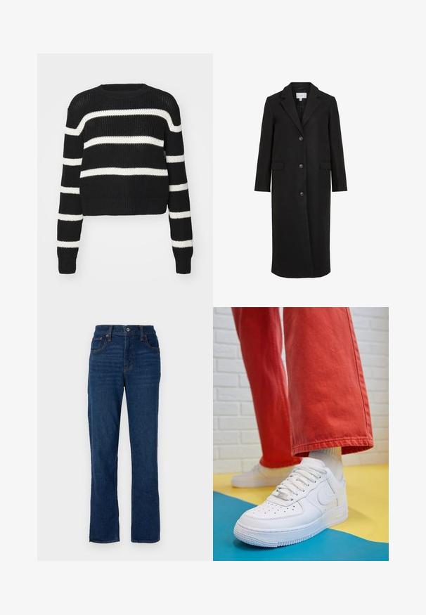Mustast villaseest mantlit, millel on kohandatud disain, krae ja pikkade varrukatega, kolm esist mutrit ja küljetaskud. Sile tekstuur.; Mustad lühikeste varrukatega sviiter, millel on valged horisontaalsed triibud, kootud tekstuur, ümar kaelus ning soonikuline varrukaots ja äär.; Tumedat sinised teksapaid sirge lõikega, viie tasku disainiga, oranžide õmblustega ja nööbiga sulgemisega vöökoht.; Valge nahast tennis, millel on perforeeritud varvas, tekstureeritud tallad ja valged shoelaces, kombineeritud laia punase pükste ja sinise ning kollase taustaga.