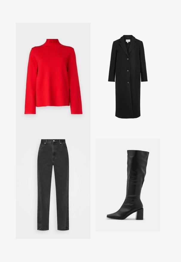 Zwarte wollen jas met een op maat gemaakt ontwerp, voorzien van een geknipt kraag, lange mouwen, drie knopen aan de voorkant en zijzakken. Soepele textuur.; Object OBJREYNARD HIGH NECK - Trui - flame scarlet; Zwarte denim jeans met rechte pijpen en hoge taille, met een knoop en rits aan de voorkant en vijf zakken, op een witte achtergrond.; RAID BLICK - Laarzen - black