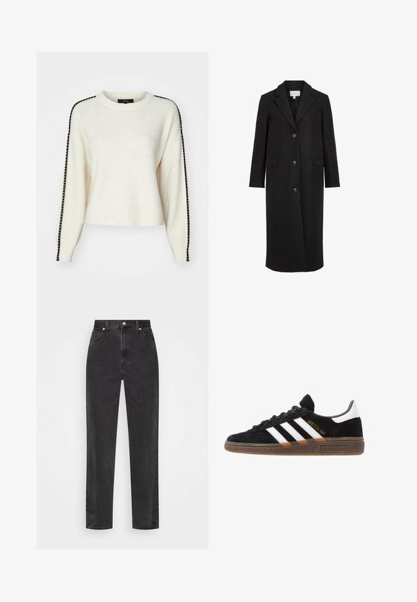 Cappotto di lana nera con un design su misura, dotato di colletto a punte, maniche lunghe, tre bottoni frontali e tasche laterali. Texture liscia.; Vero Moda VMZORA O NECK - Maglione - birch; Jeans in denim nero a gamba dritta con vita alta, bottone e cerniera frontali, e cinque tasche su uno sfondo bianco.; Sneaker Adidas nere con strisce bianche, testo "Spezial" dorato, suola in gomma e tab sul tallone bianco, mostrato in veduta laterale.